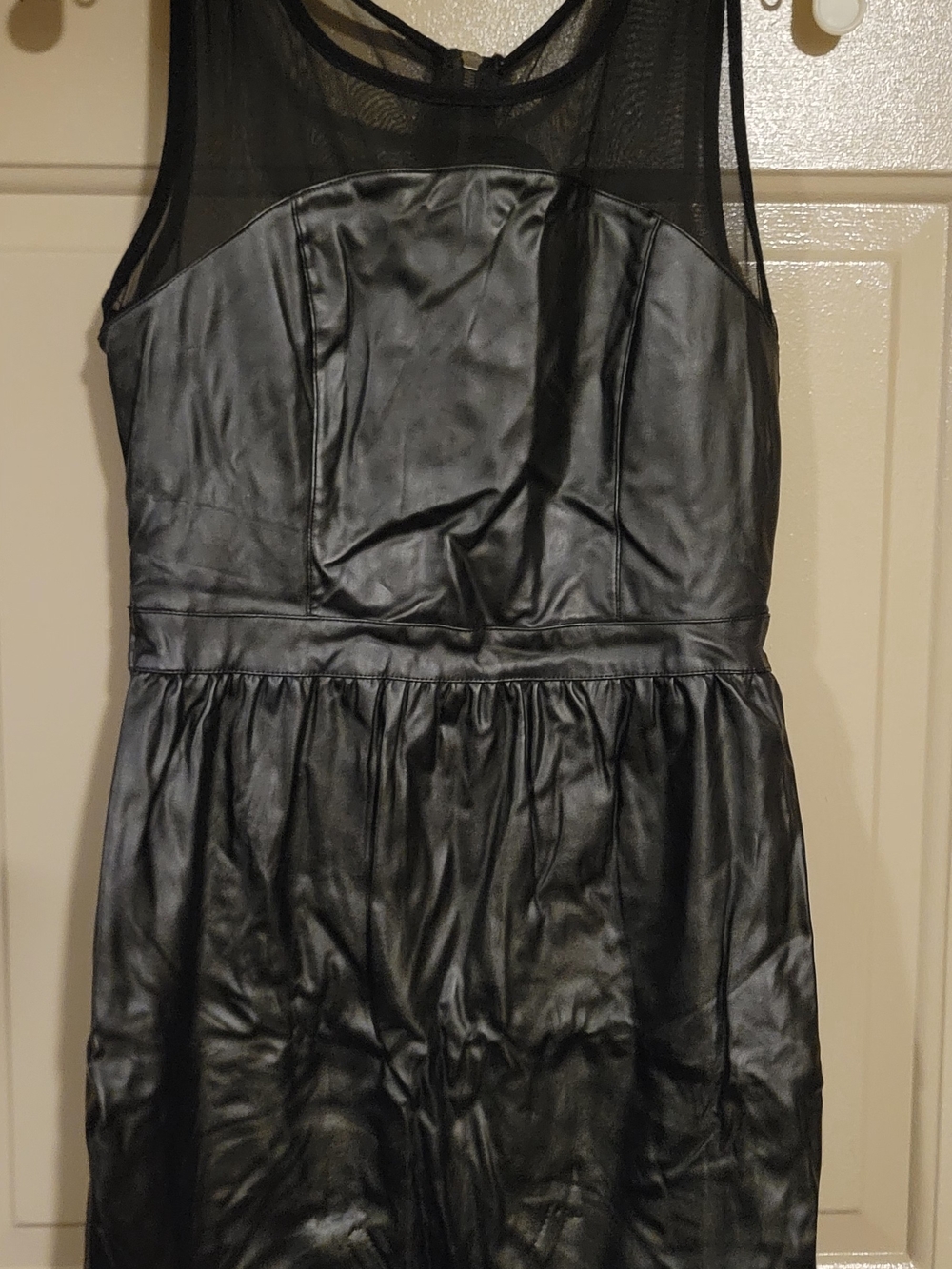 Black Faux Leather Mesh Yoke Women's Dress